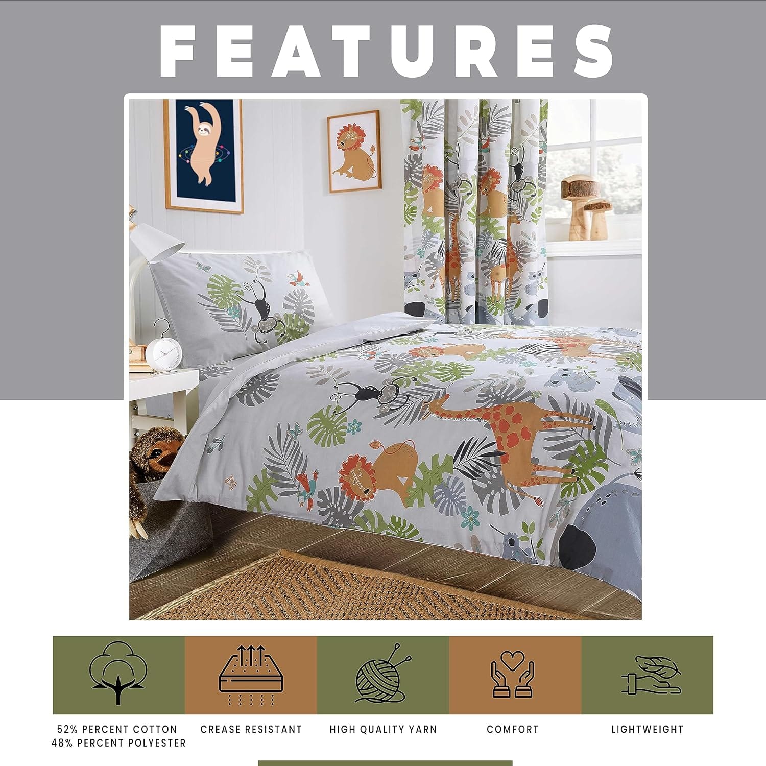 OLIVIA ROCCO Kids Safari Jungle Animal Print Duvet Cover Set With Pillowcase Soft Cosy Durable Lightweight Bedding Lions Giraffes Bears Elephants