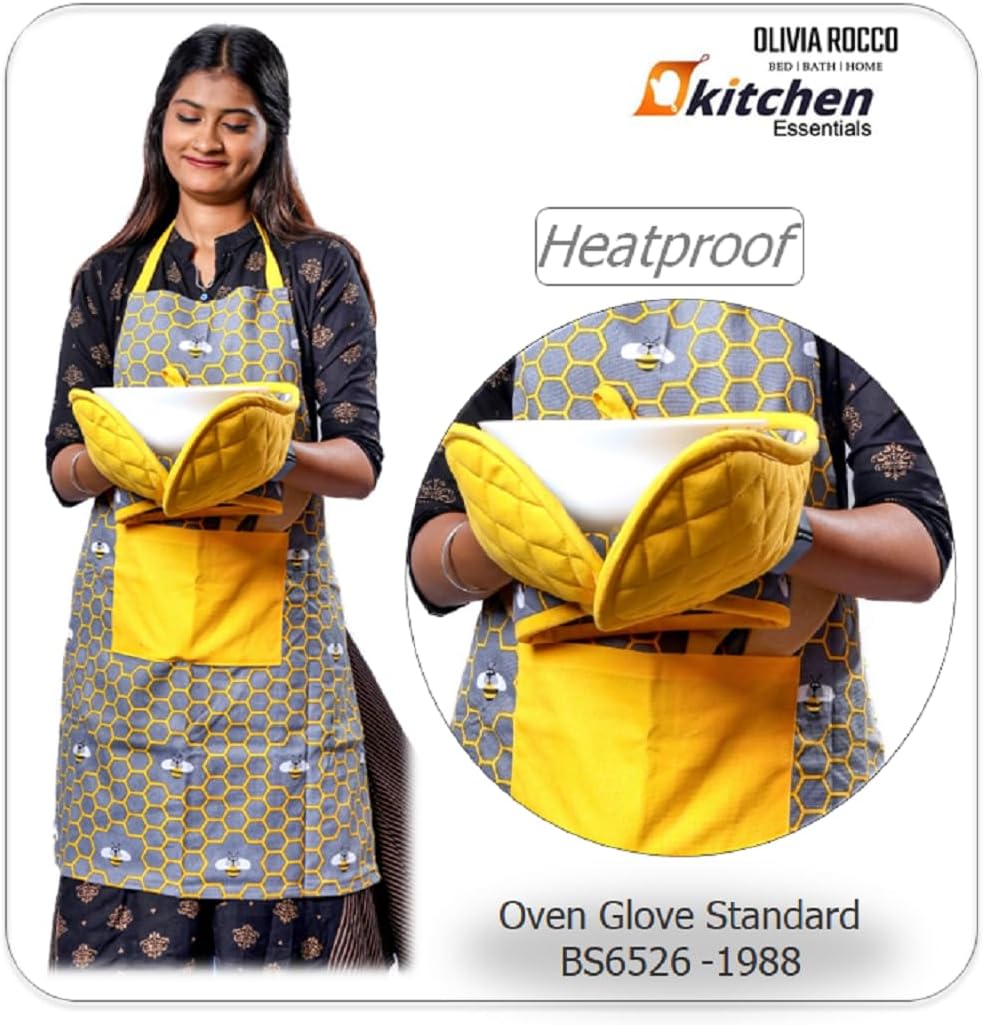 OLIVIA ROCCO Kitchen Sets With Apron Double Oven Gloves Towel Set Oven Mitts Pot Holder Five Piece Heat Resistant For Home Baking