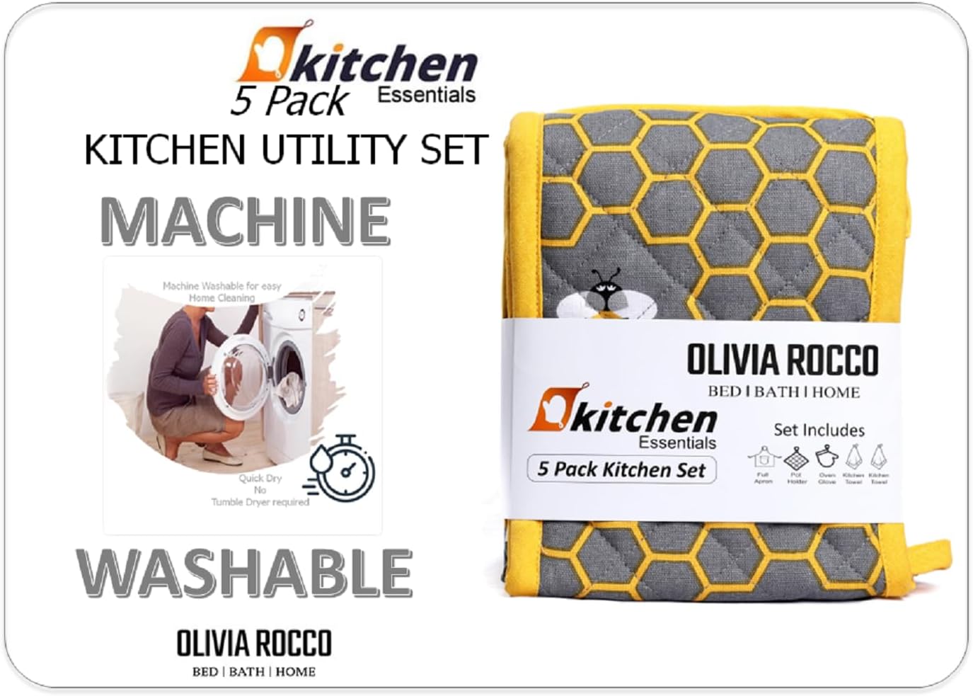 OLIVIA ROCCO Kitchen Sets With Apron Double Oven Gloves Towel Set Oven Mitts Pot Holder Five Piece Heat Resistant For Home Baking