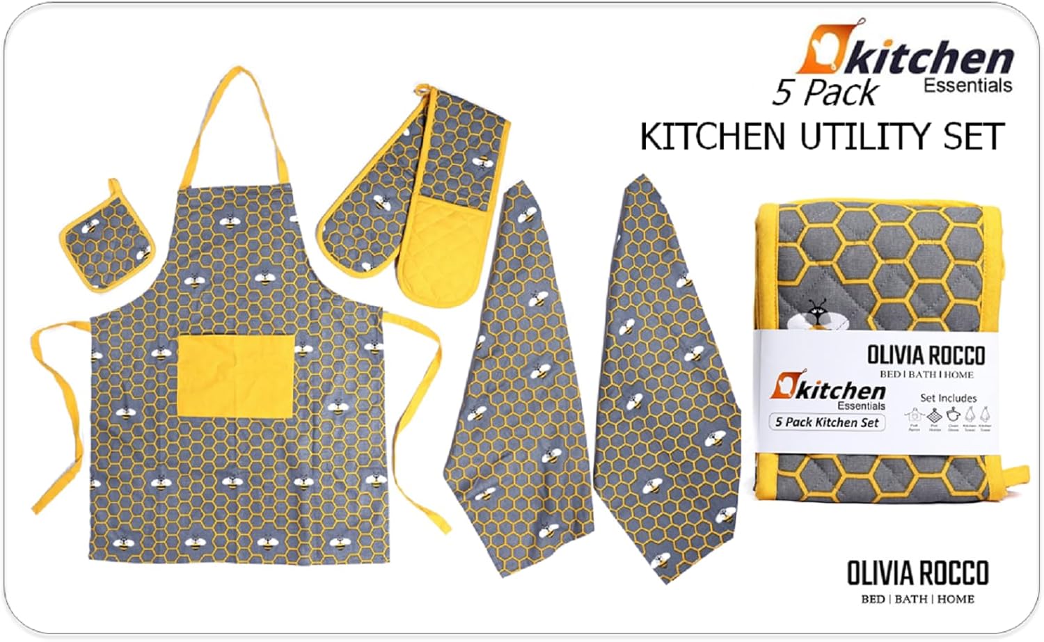 OLIVIA ROCCO Kitchen Sets With Apron Double Oven Gloves Towel Set Oven Mitts Pot Holder Five Piece Heat Resistant For Home Baking