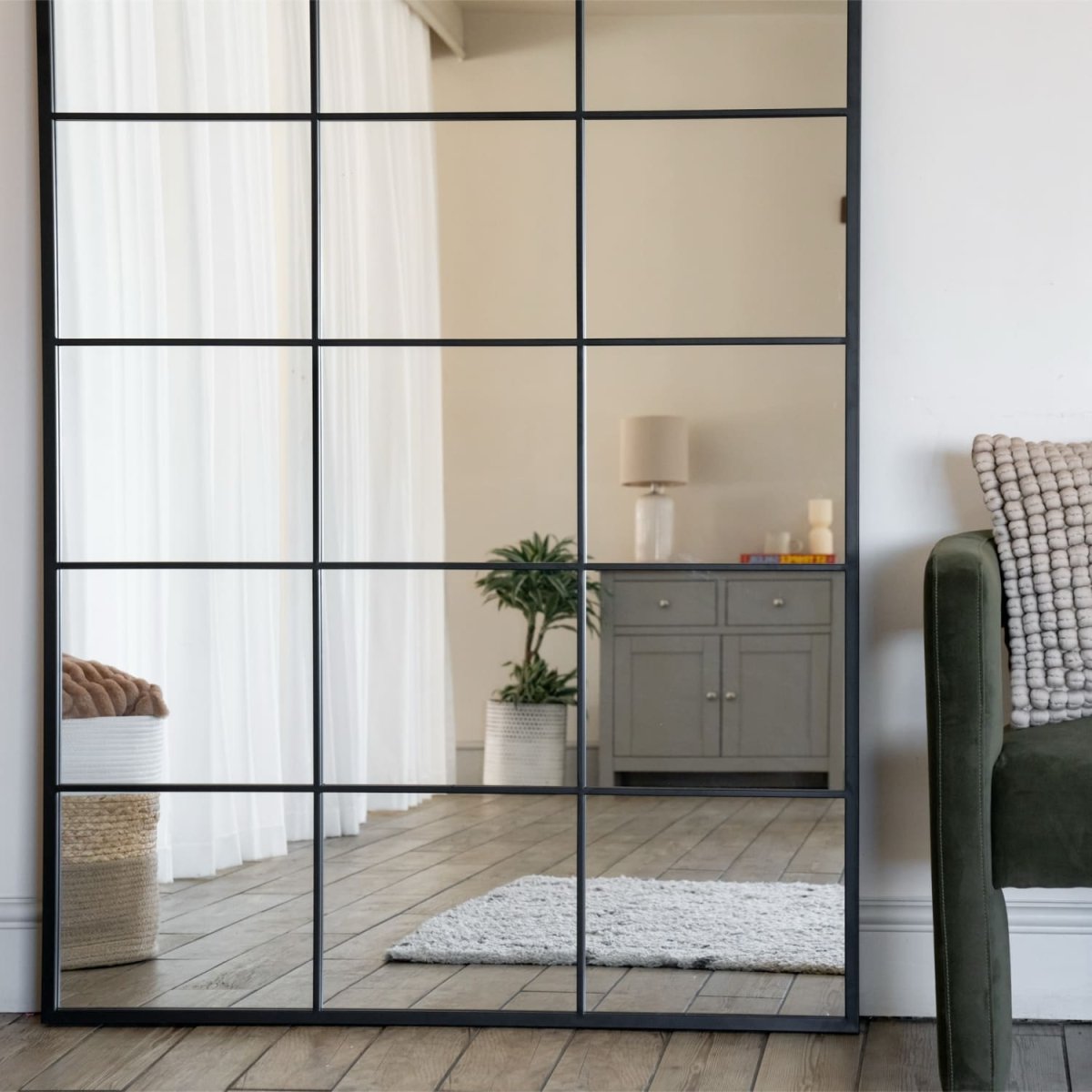Kyō - Full Length Black Metal Rectangle Lattice Window Mirror - 200cm x 120cm - Zestio