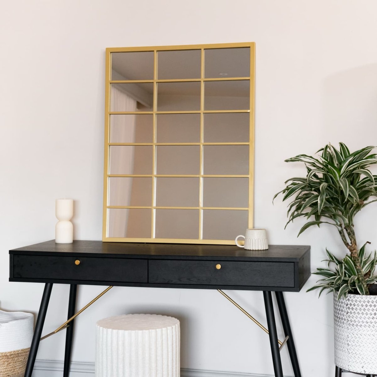 Kyō - Gold Metal Rectangle Lattice Window Mirror - 90cm x 70cm - Zestio