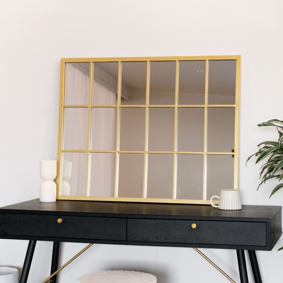 Kyō - Gold Metal Rectangle Lattice Window Mirror - 90cm x 70cm - Zestio
