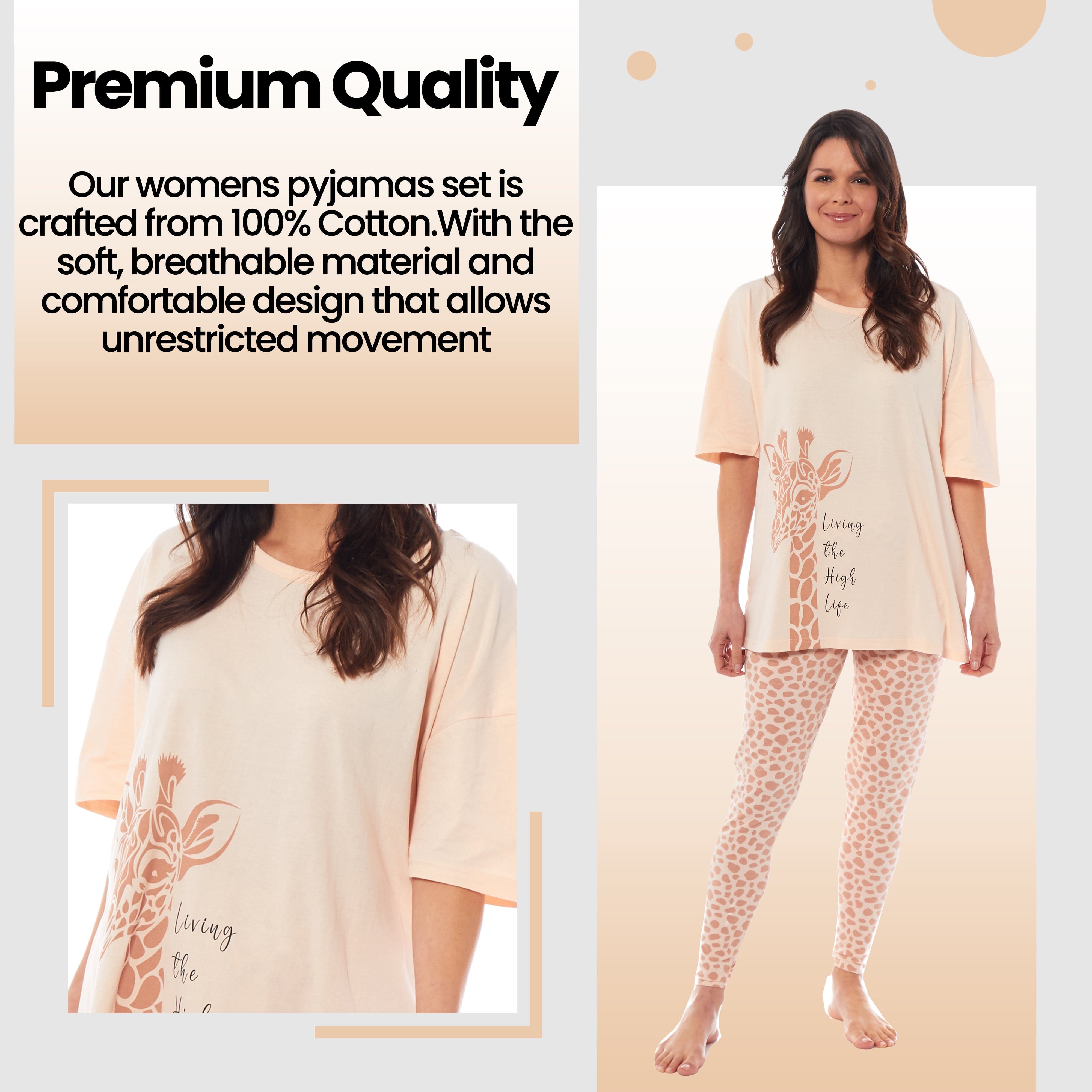 OLIVIA ROCCO Ladies Oversized Cotton T Shirt And Leggings PJ Set With Giraffe And Zebra Prints Loungewear Sleepwear Soft Cotton Comfort