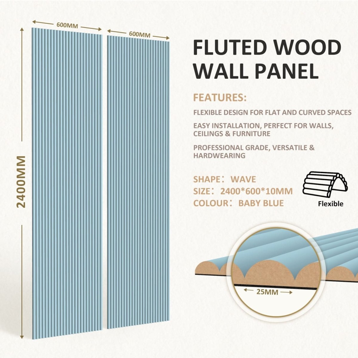 Large Fluted Wall Panels in Baby Blue - 240cm x 60cm - Zestio