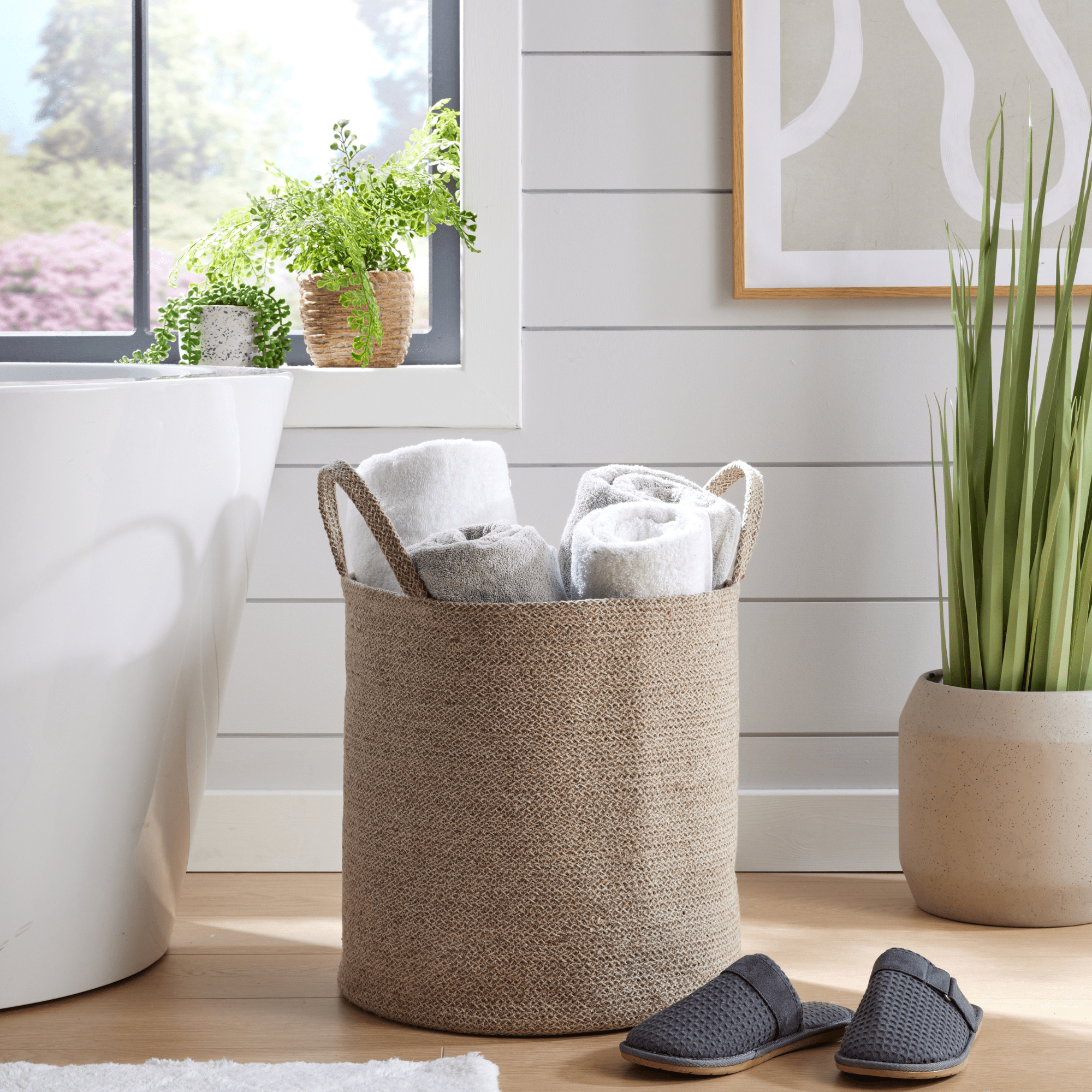 OLIVIA ROCCO Large Woven Cotton Laundry Basket With Handles Durable Rope Storage Bin For Clothes Toys Household Items Black Grey Natural