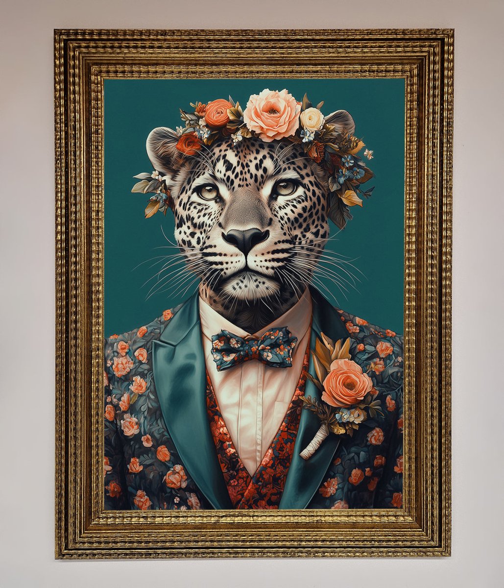 Leopard In a Suit With Flowers Framed Print - Zestio