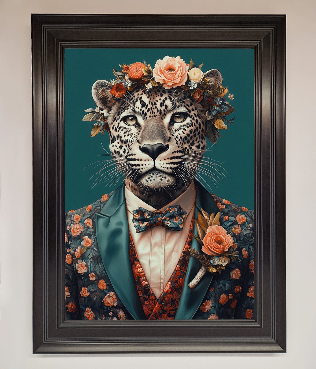 Leopard In a Suit With Flowers Framed Print - Zestio
