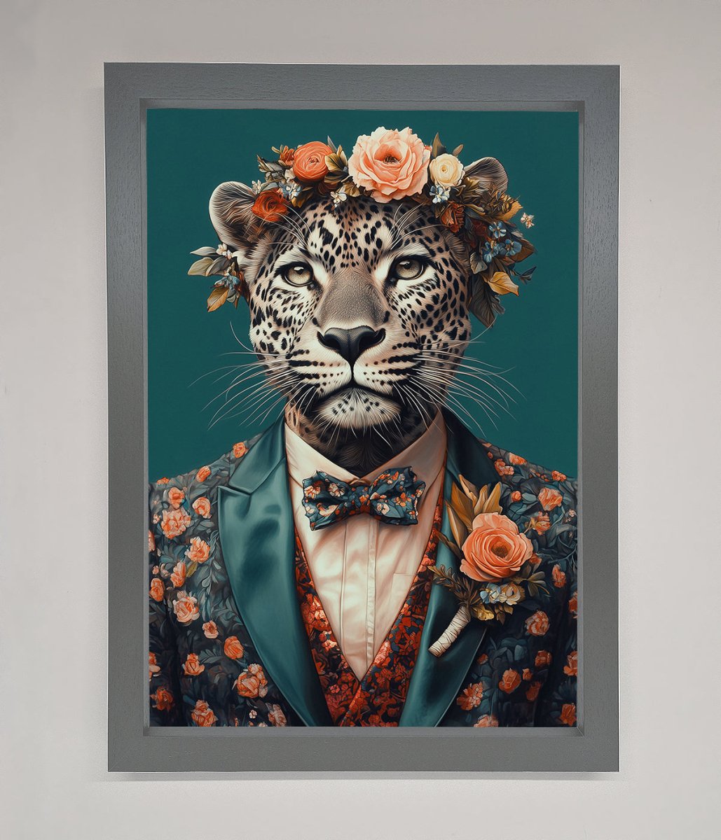 Leopard In a Suit With Flowers Framed Print - Zestio