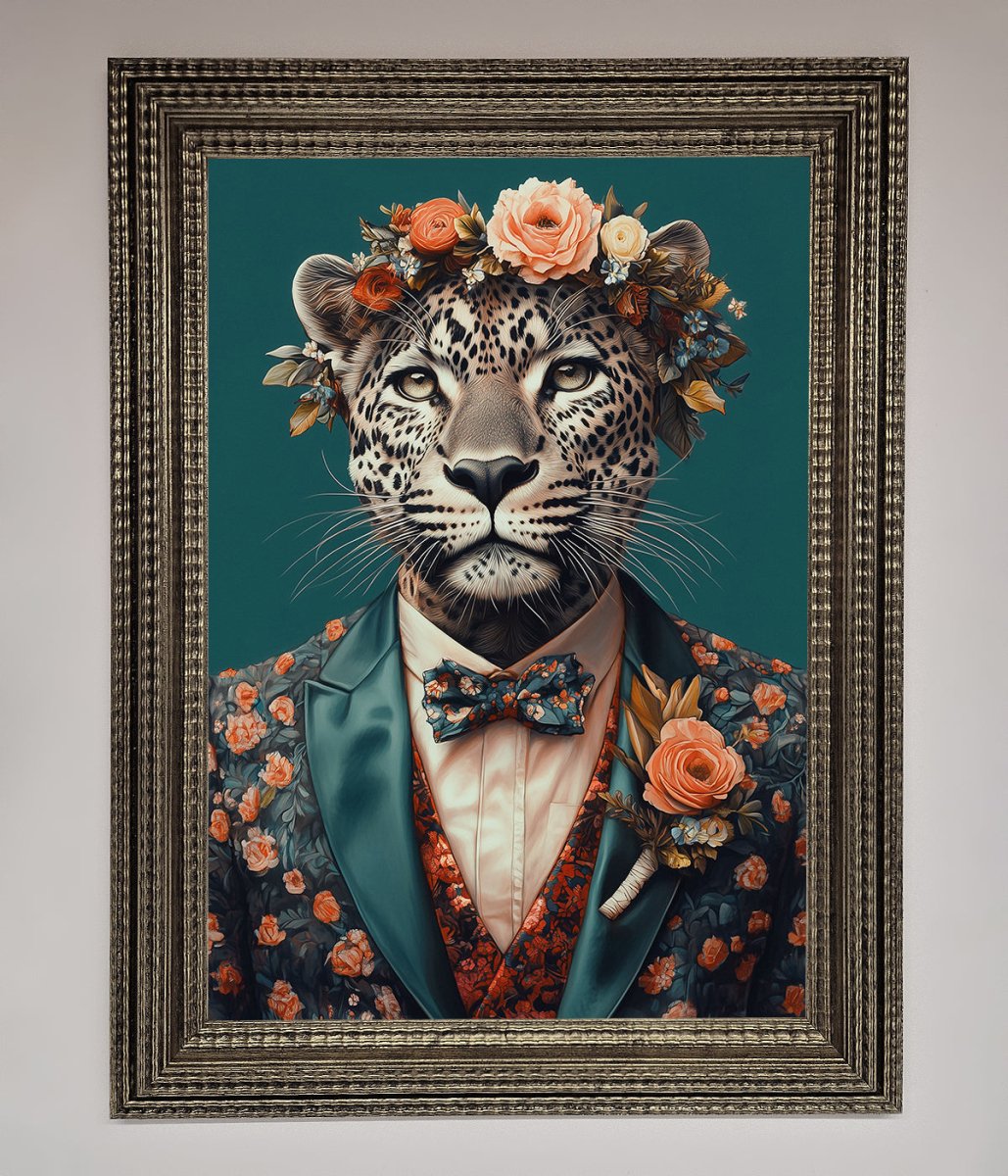 Leopard In a Suit With Flowers Framed Print - Zestio