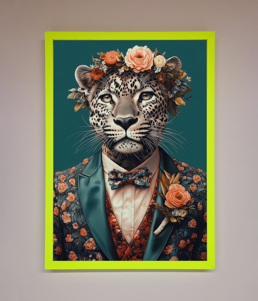Leopard In a Suit With Flowers Framed Print - Zestio