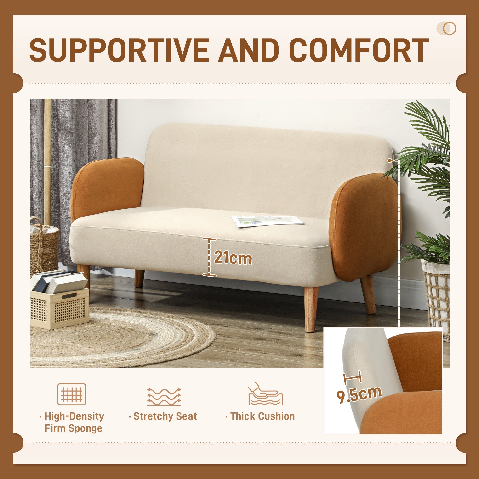 HOMCOM Modern 2 Seater Sofa w/ Rubber Wood Legs 130 x 74 x 76cm