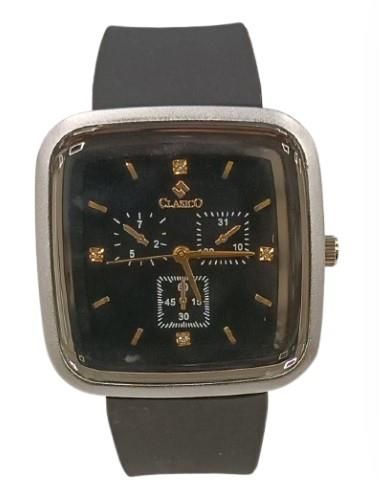 Clasico Mens Ladies Water Resistant Square Silver Case Black Dial Black Rubber Strap Watch
