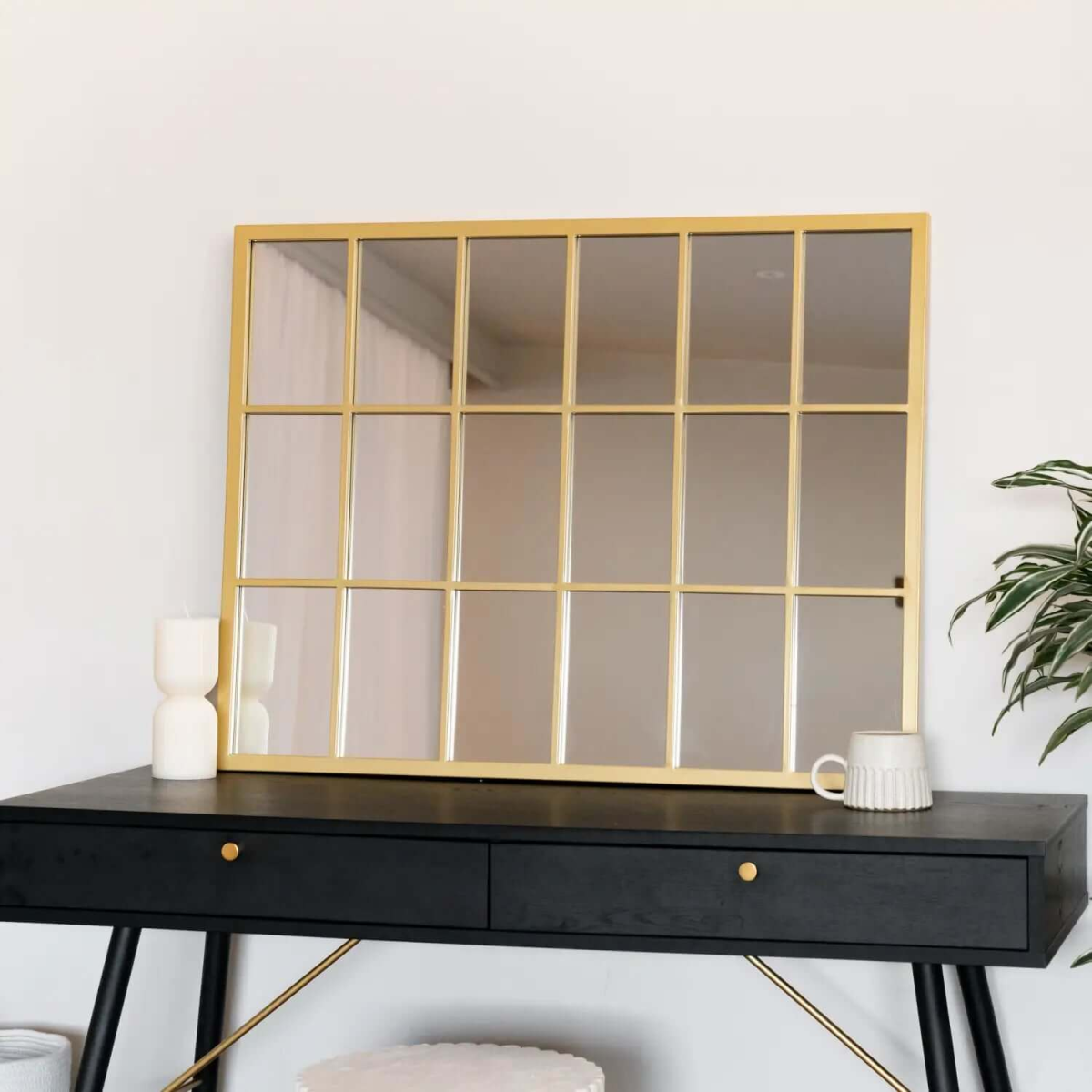 Kyō - Gold Metal Rectangle Lattice Window Mirror - 90cm x 70cm