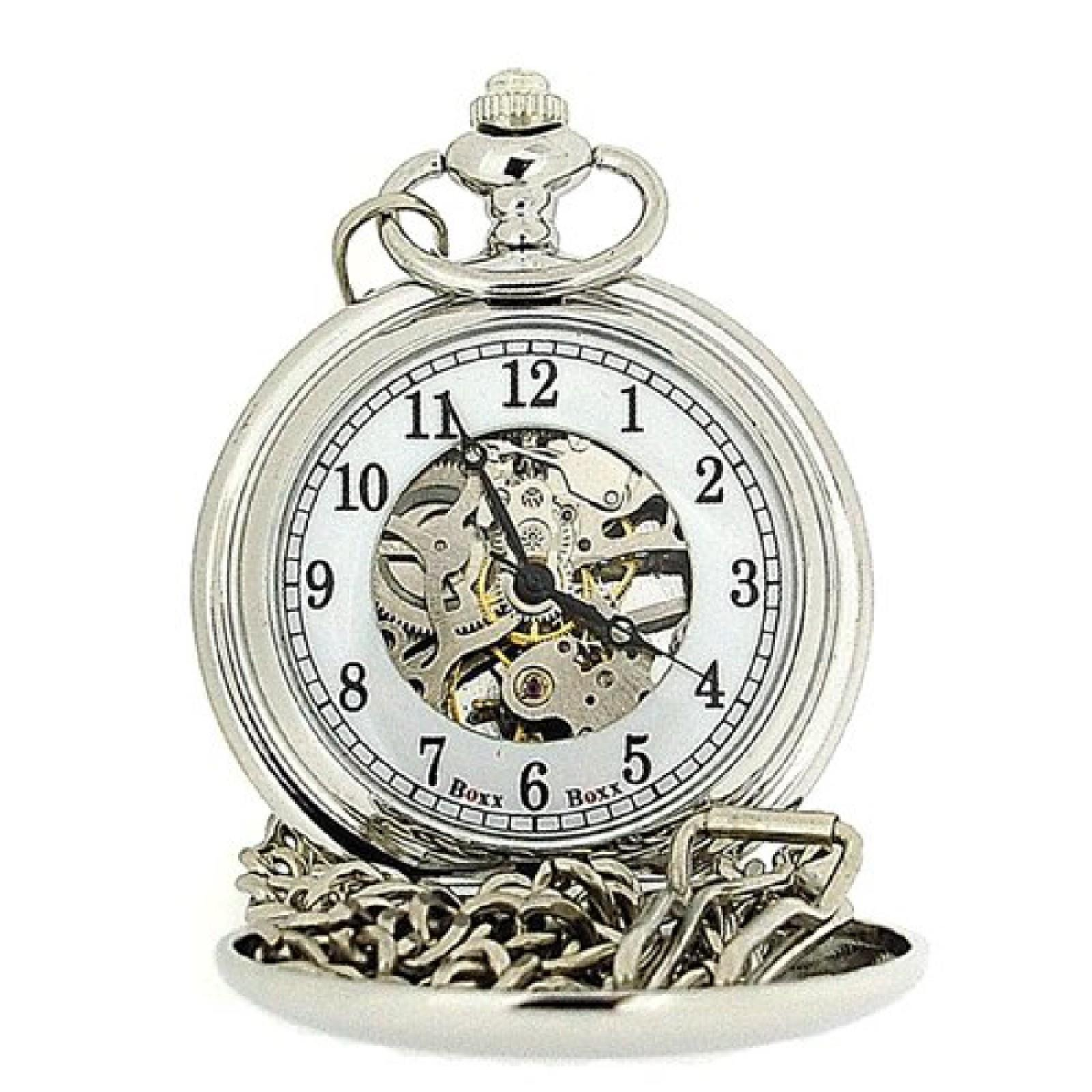 Boxx Mens Silver Tone Skeleton Mechanical Pocket Watch 12" Chain M5084.01