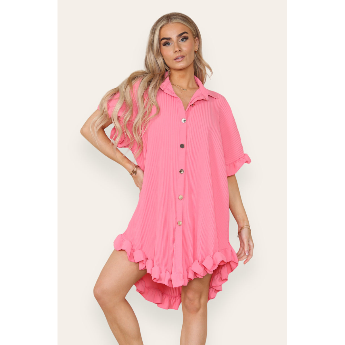 Over Sized Italian Gold Button Pleated Frill Ruffle TikTok Dress Top