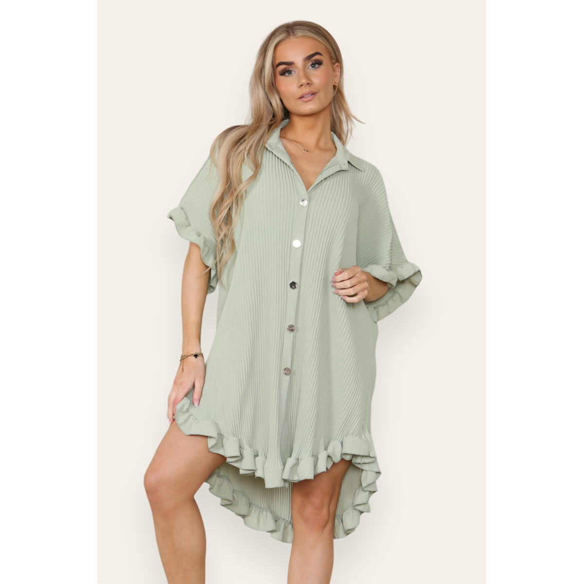 Over Sized Italian Gold Button Pleated Frill Ruffle TikTok Dress Top