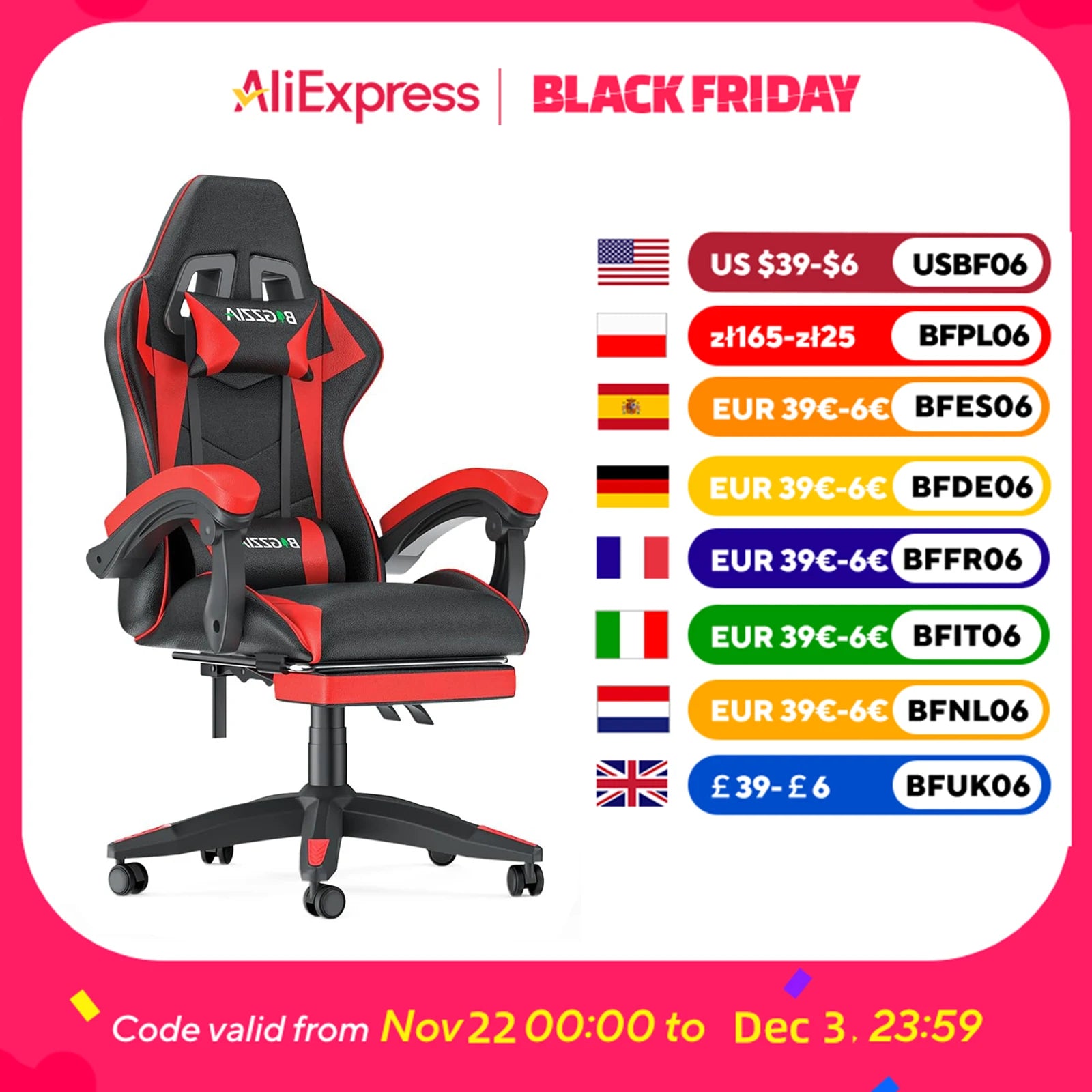 Bigzzia Gaming Chair with Footrest Gamer Chairs Ergonomic with Lumbar Cushion Headrest Chair Height Adjustable Office Chair