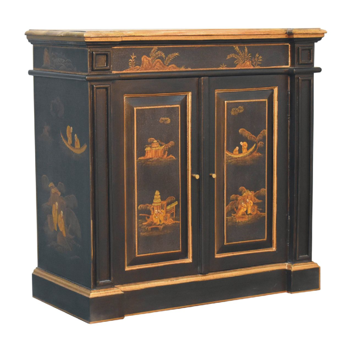 Artisan Furniture Solid Wood Oriental Hand-Painted Wine Cabinet, Black, 2 Doors
