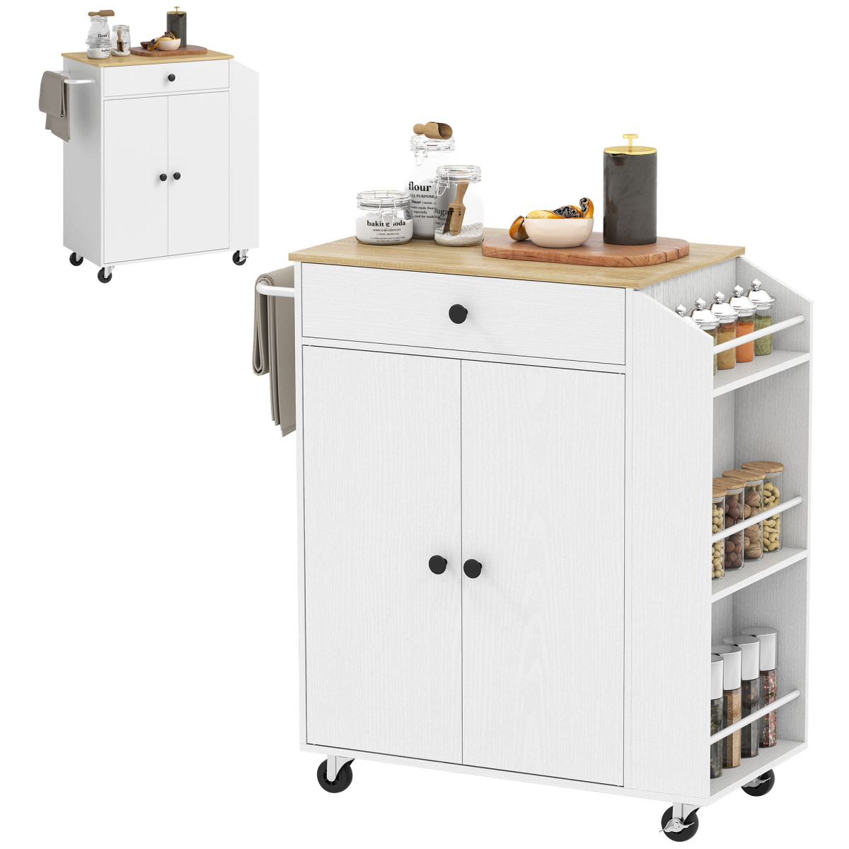 HOMCOM Kitchen Island with 3-Tier Spice Rack, Kitchen Cart with Towel Rack
