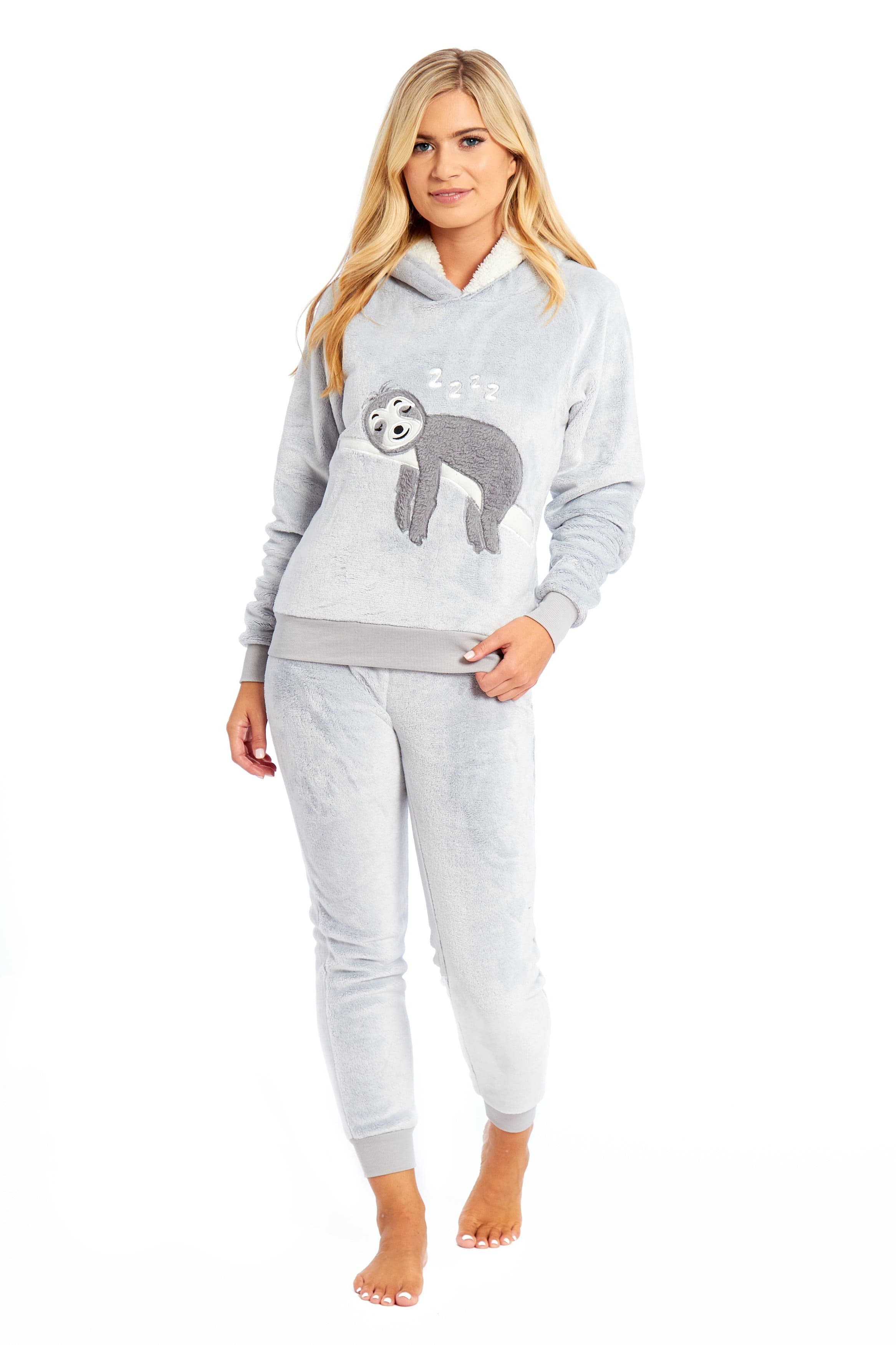 OLIVIA ROCCO Matching Mother Daughter Plush Fleece Hooded Pajama Set Embroidered Sloth Design Ultra Soft Sherpa Lined Nightwear For Girls And Women
