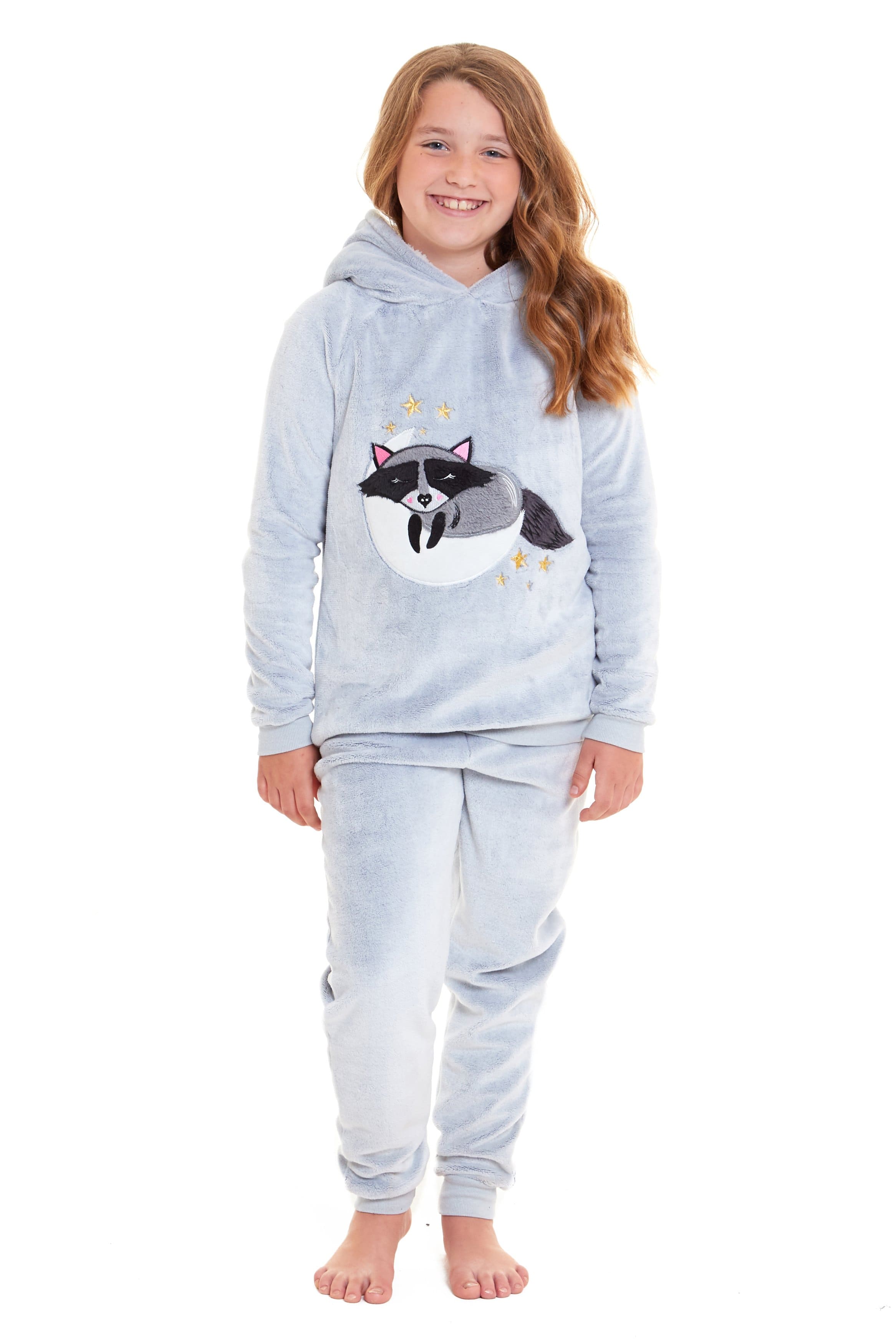 OLIVIA ROCCO Matching Mother Daughter Raccoon Fleece Hooded Pyjama Set With Sherpa Lining And Embroidered Design For Family Bonding
