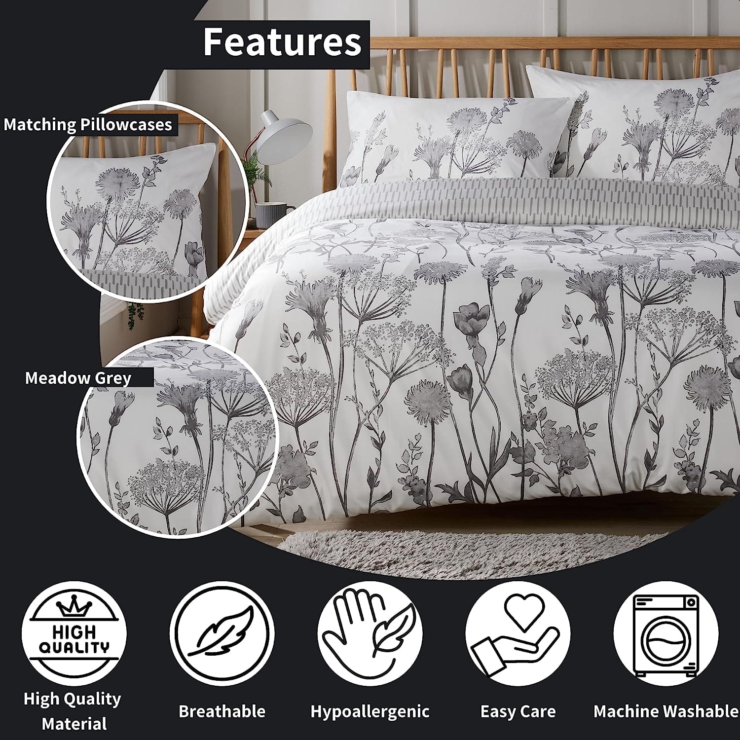 OLIVIA ROCCO Meadow Grey Reversible Duvet Cover Set With Pillowcases Breathable Polyester Durable Easy Care For Master And Guest Rooms Decor