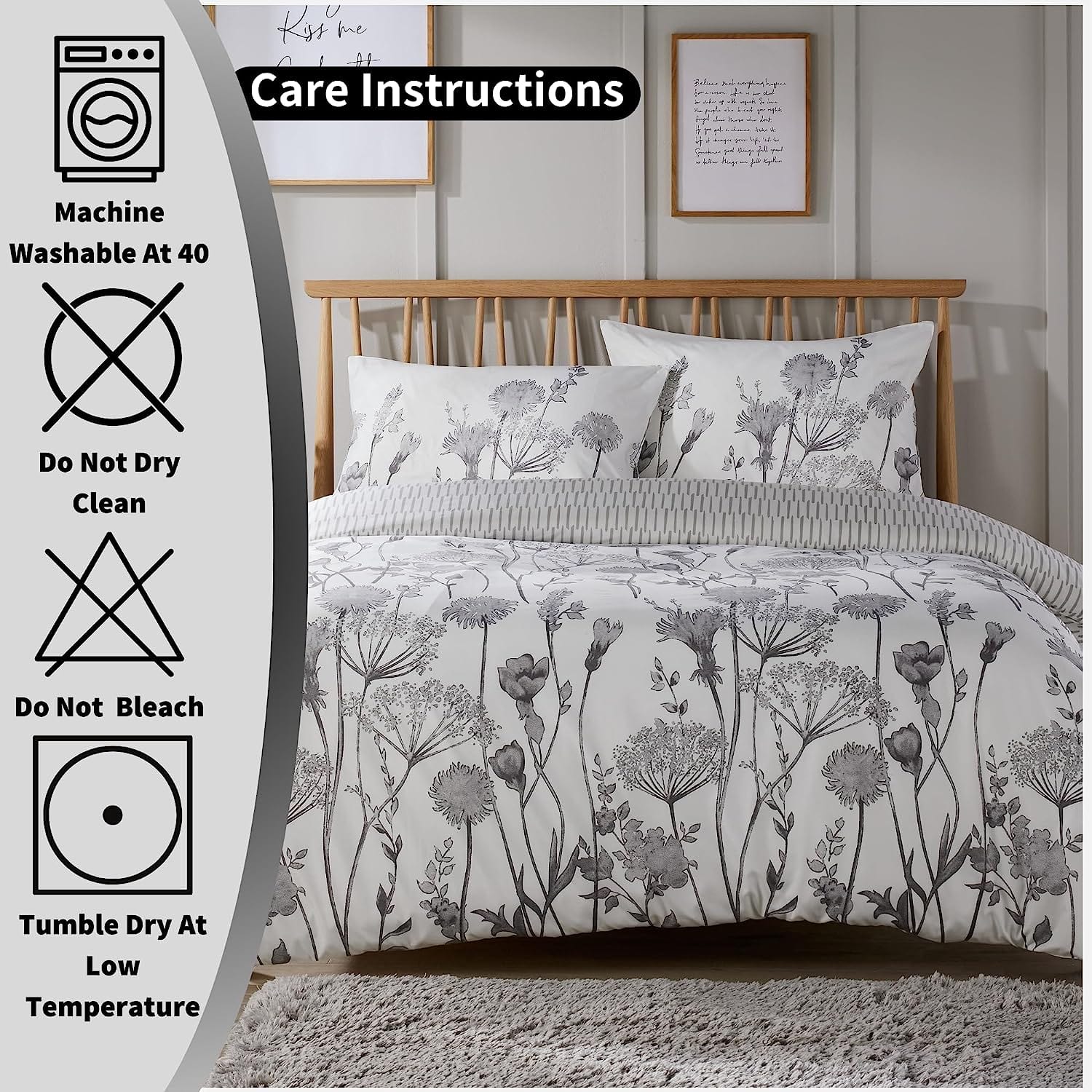 OLIVIA ROCCO Meadow Grey Reversible Duvet Cover Set With Pillowcases Breathable Polyester Durable Easy Care For Master And Guest Rooms Decor