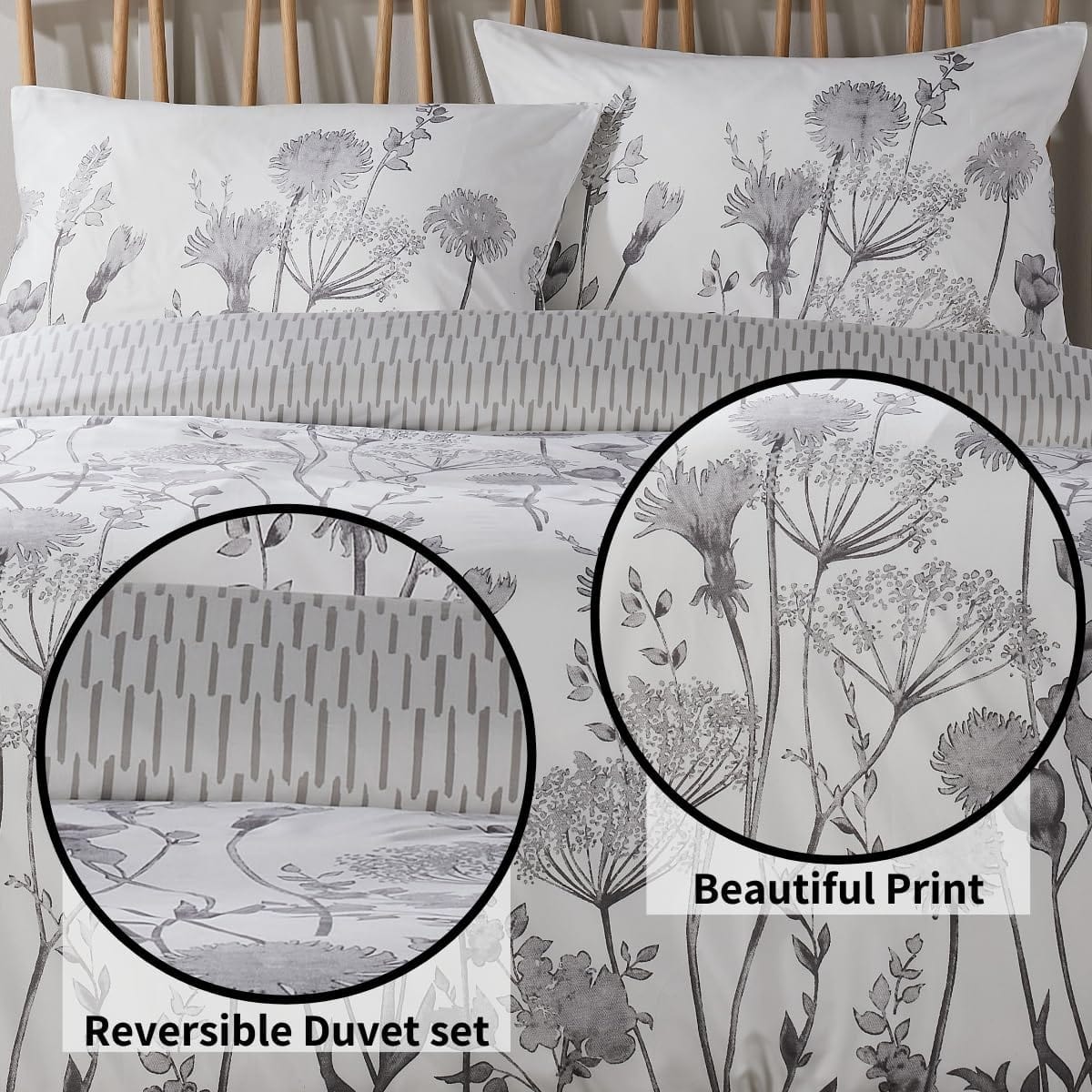 OLIVIA ROCCO Meadow Grey Reversible Duvet Cover Set With Pillowcases Breathable Polyester Durable Easy Care For Master And Guest Rooms Decor