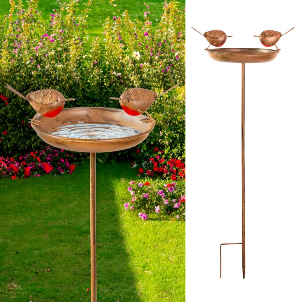 Robin Bird Bath & Feeder Stake for Garden Birds, Outdoor Wildlife & Patio Decor