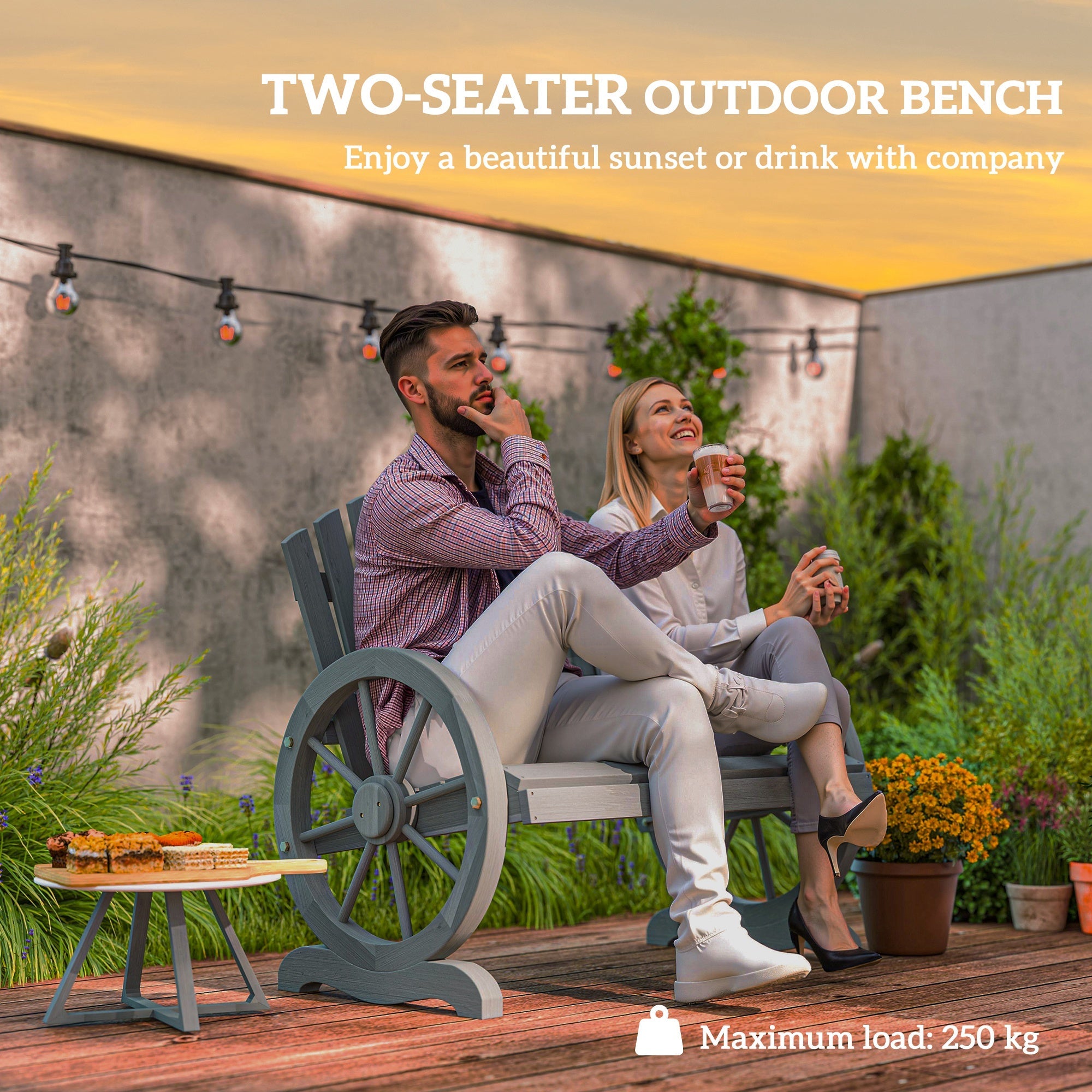 Outsunny 2 Seater Garden Bench w/ Wheel-Shaped Armrests Grey