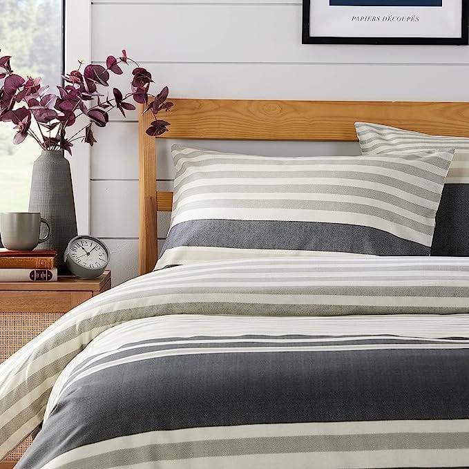 OLIVIA ROCCO Duvet Cover Set Miami Stripes Reversible Hypoallergenic Cotton Blend Grey And Natural Green Multiple Sizes