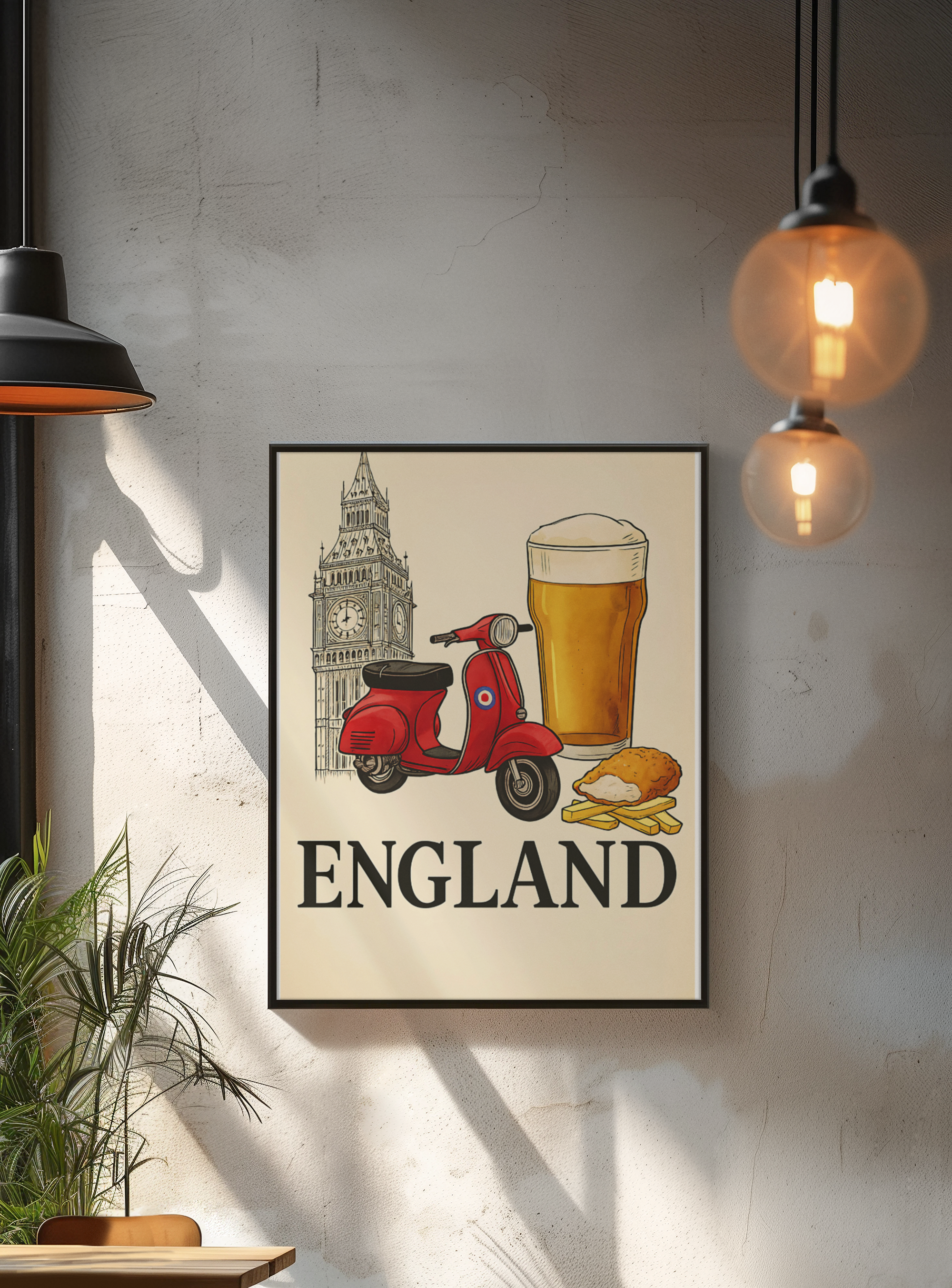 Classic England Poster - Vespa, Big Ben & Beer - British Retro Decor