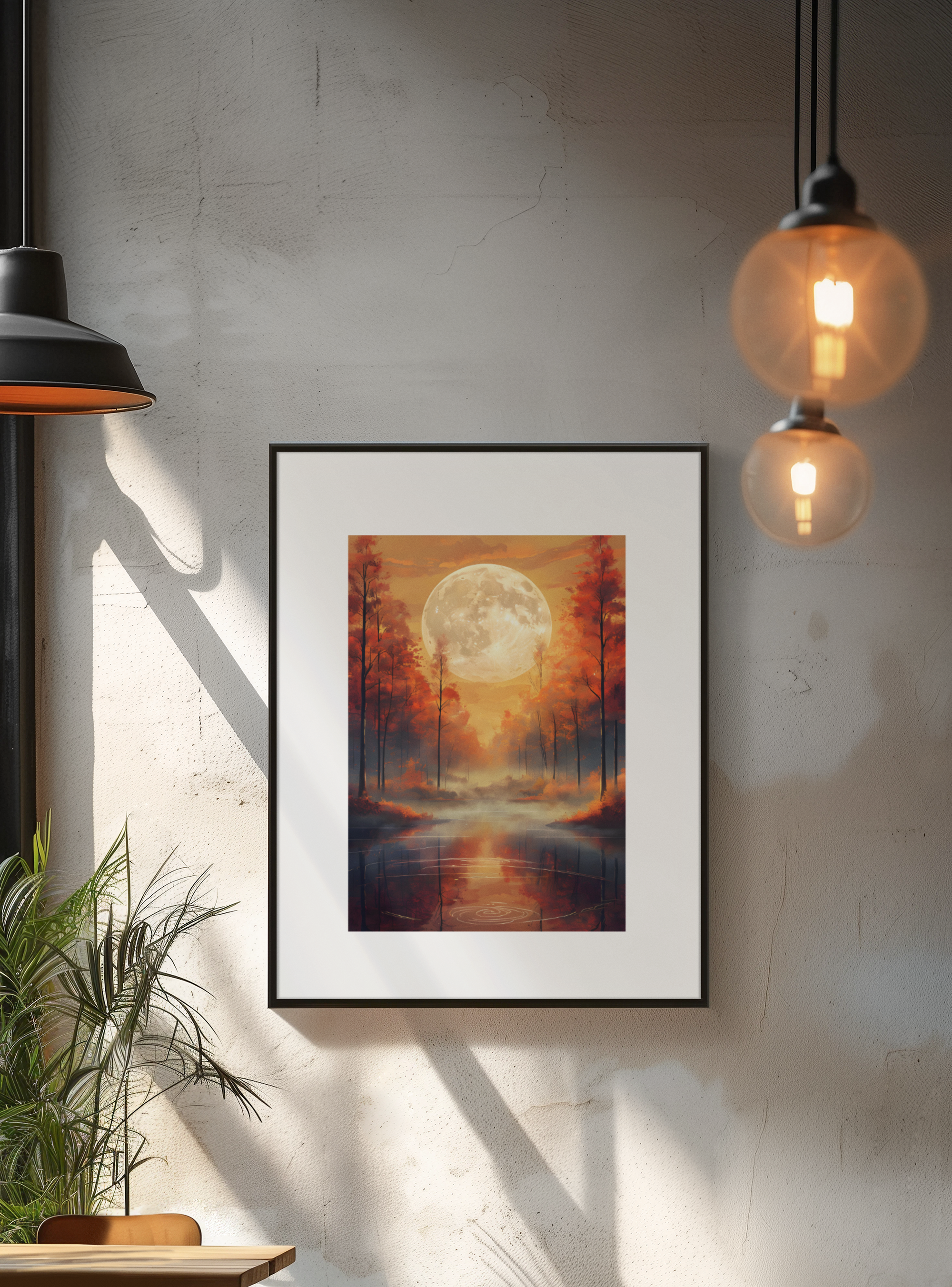 Experience the tranquility of nature with our "Serene Autumn Landscape with Luminous Full Moon" Art Poster