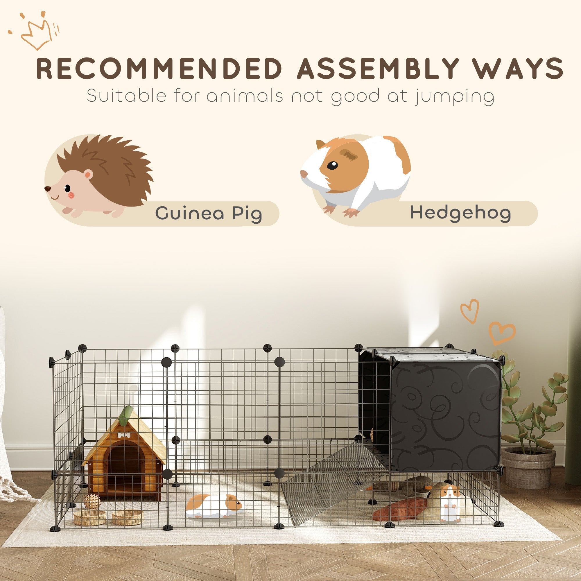 PawHut DIY Small Animal Cage w/ Elevated Huts for Guinea Pigs, Rabbits