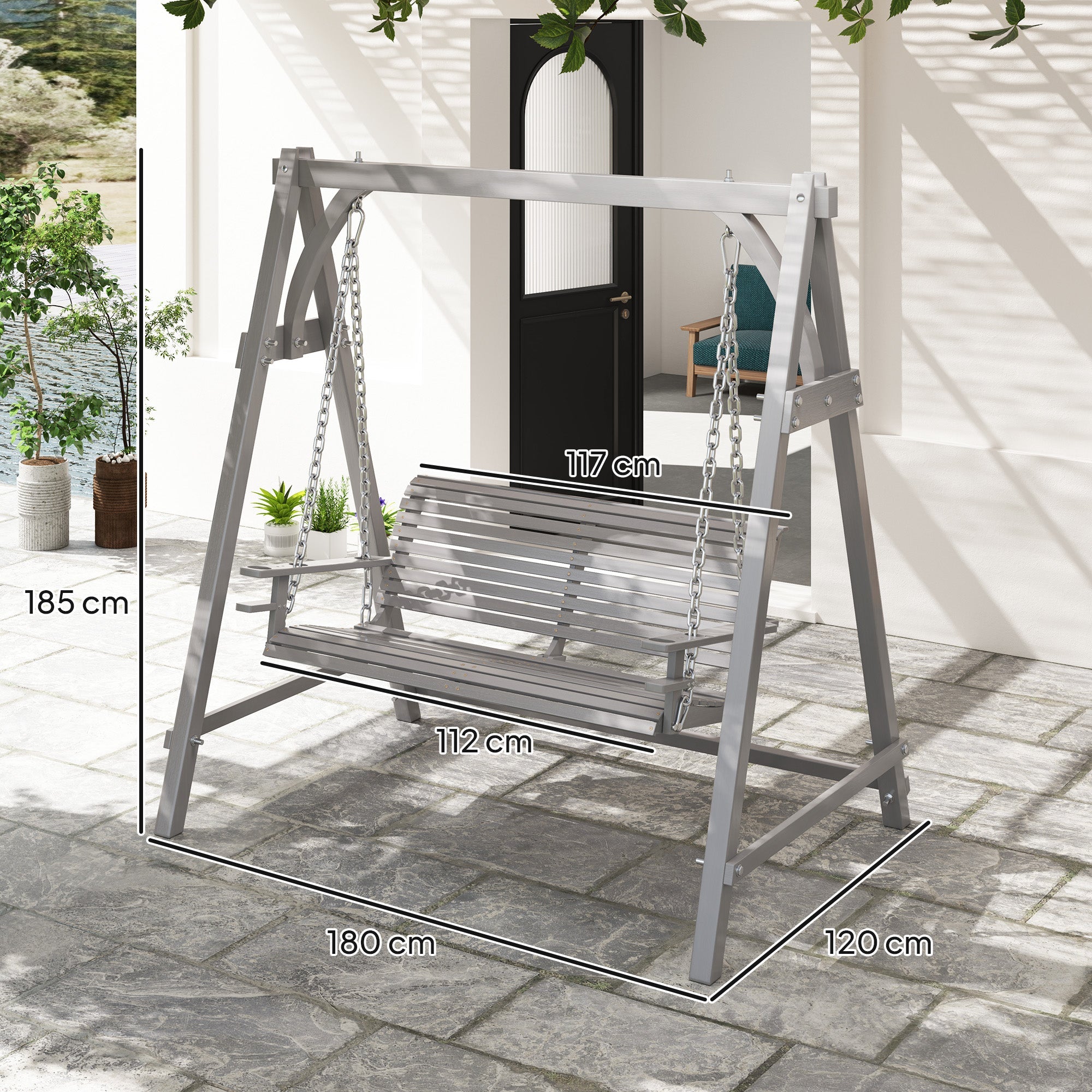 Outsunny 2 Seater Wooden Garden Swing Seat Hammock Bench Lounger, Grey