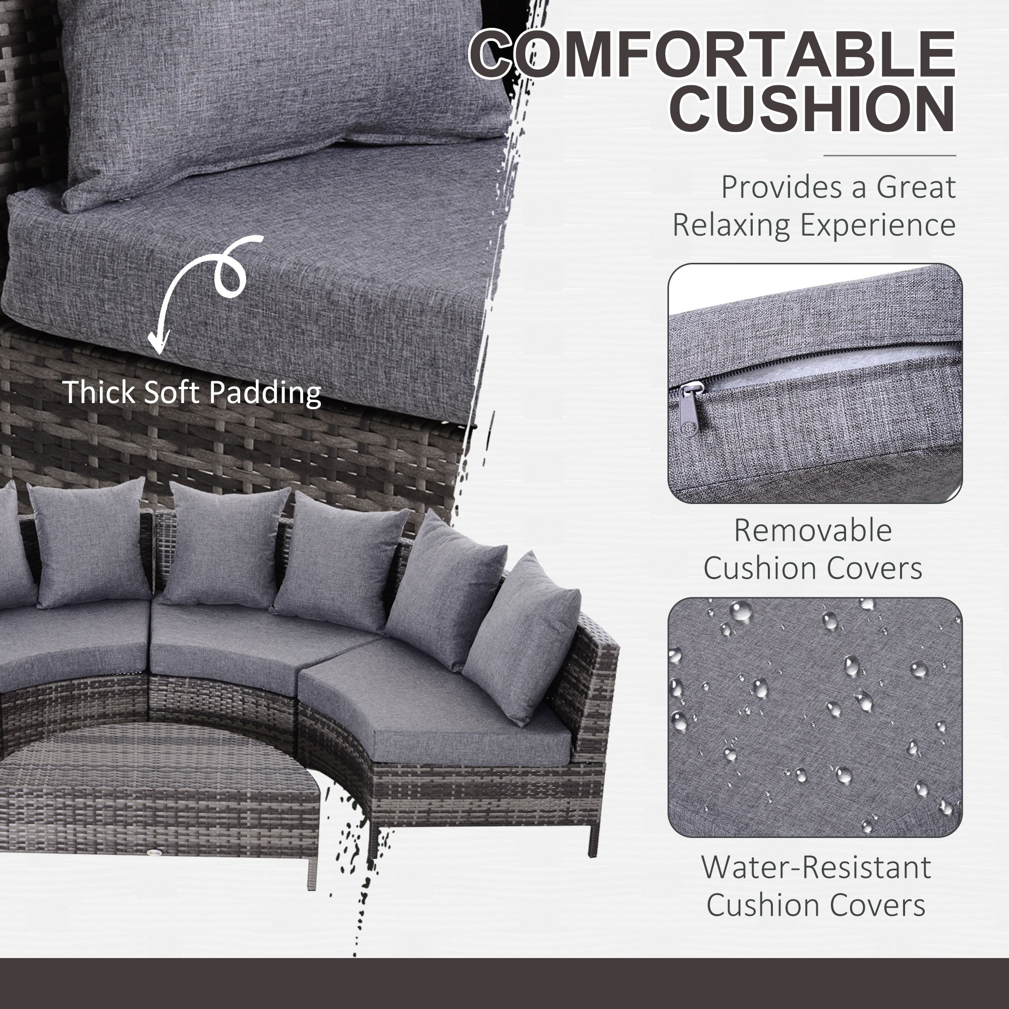 4-Seater Half Moon Shaped Rattan Outdoor Garden Furniture Set Grey