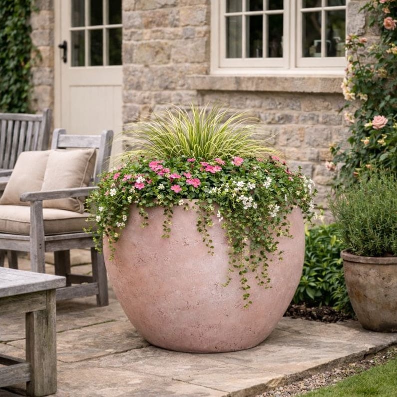 Orbello | Blushstone – 70cm Extra Large Concrete Sphere Planter – 207L Round Plant Pot - Zestio