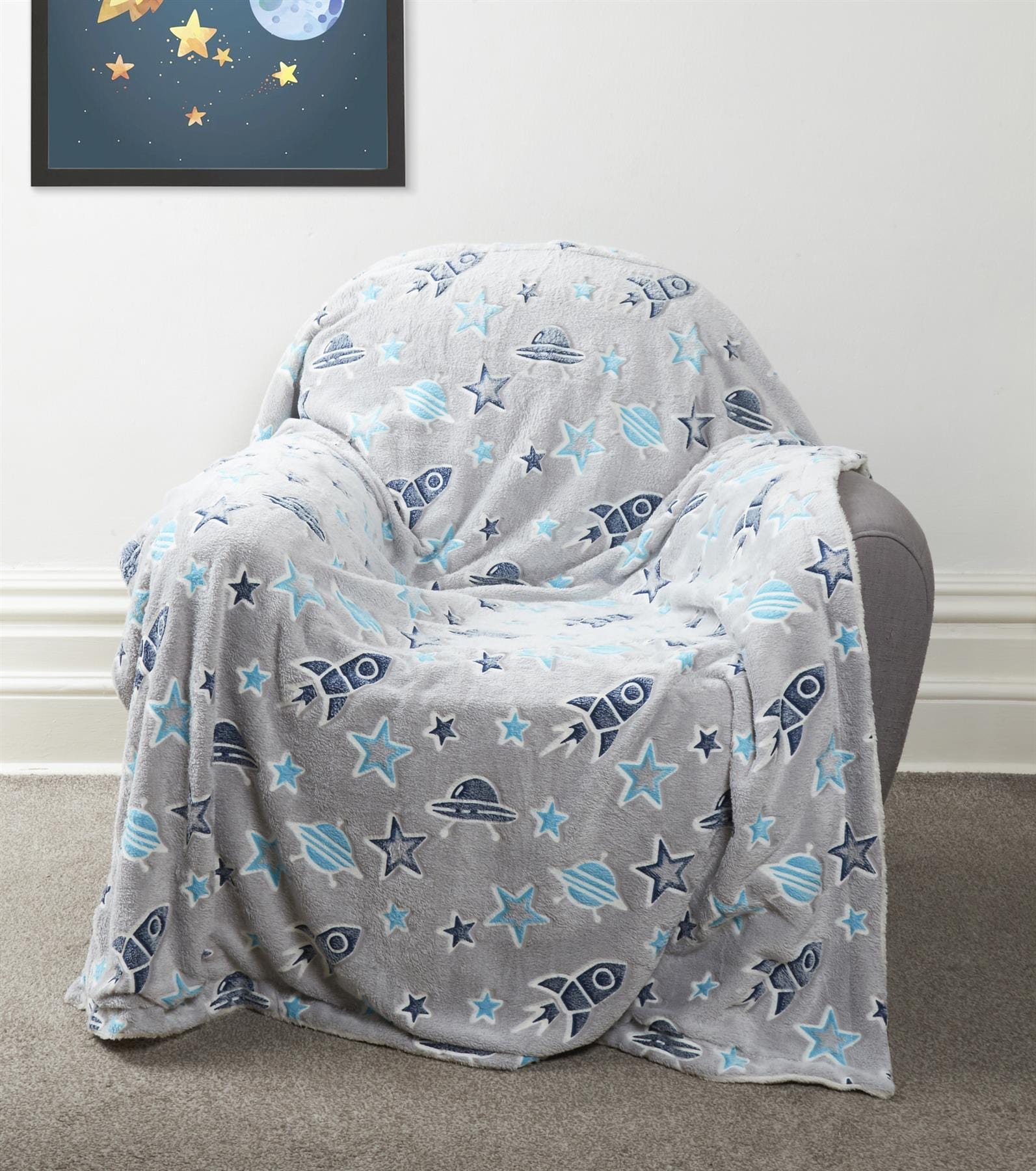 OLIVIA ROCCO Outer Space Glow In The Dark Teddy Fleece Duvet Set For Children With Rocket And Astronaut Design OEKO TEX Certified Winter Bedding