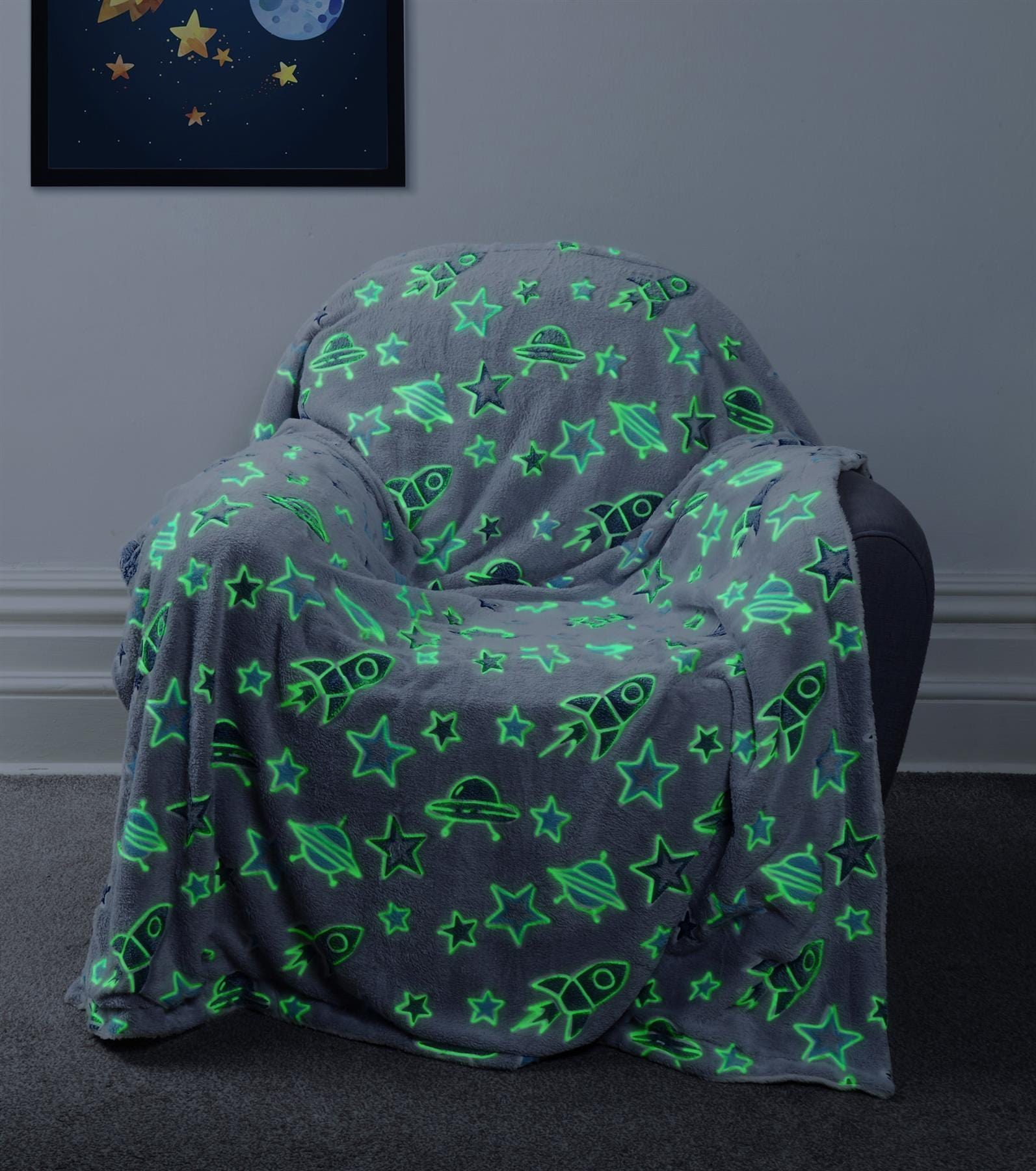 OLIVIA ROCCO Outer Space Glow In The Dark Teddy Fleece Duvet Set For Children With Rocket And Astronaut Design OEKO TEX Certified Winter Bedding