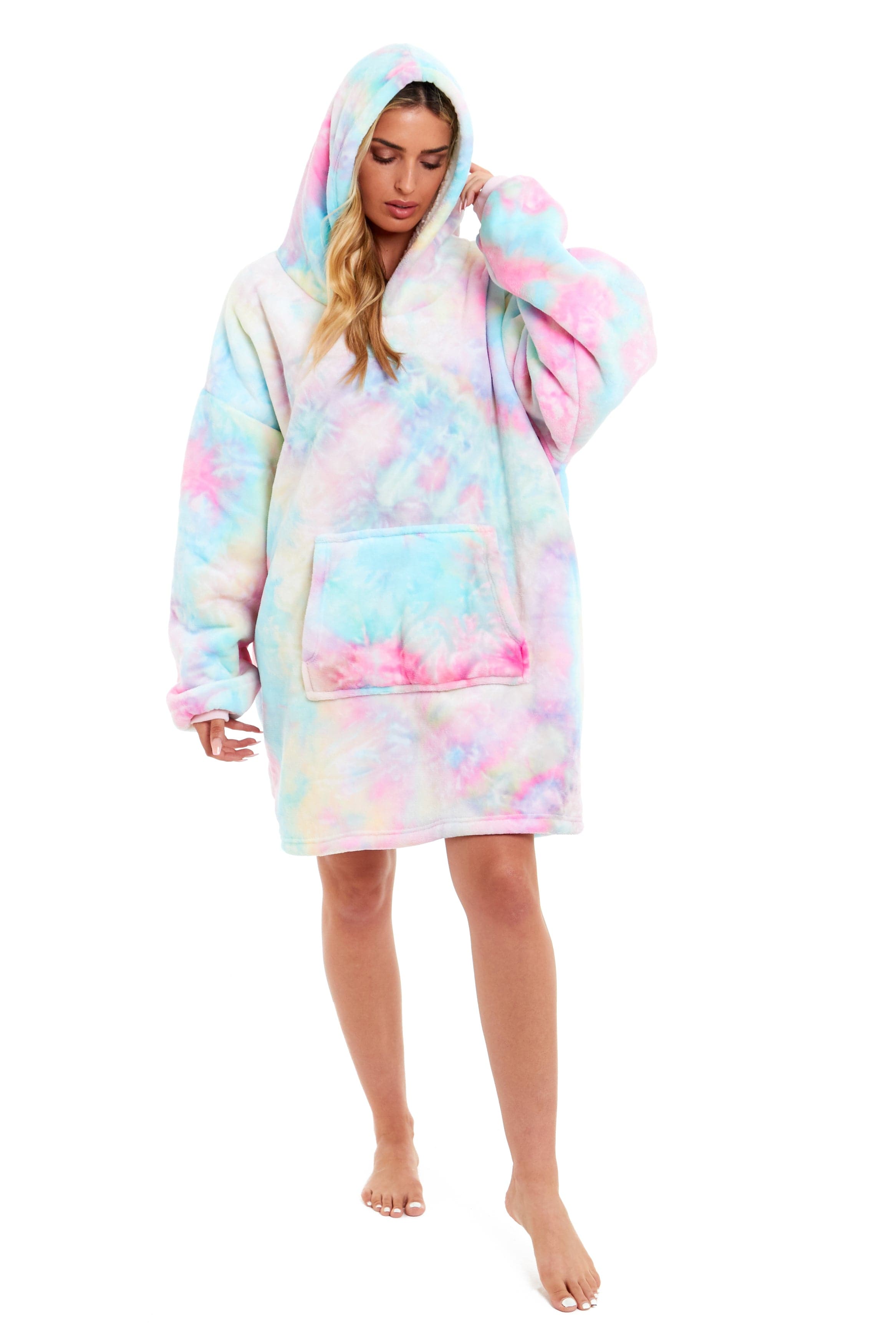OLIVIA ROCCO Oversized Hooded Tie Dye Rainbow Plush Fleece Blanket With Reversible Sherpa Hoodie Sweatshirt For Adults And Kids Elastic Cuffs Pocket