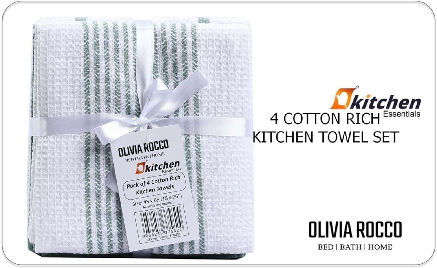 OLIVIA ROCCO Pack Of 4 Green Cotton Tea Towels 65x45 Cm High Absorbency Durable For Drying Dishes And Cleaning Spills For Everyday Kitchen