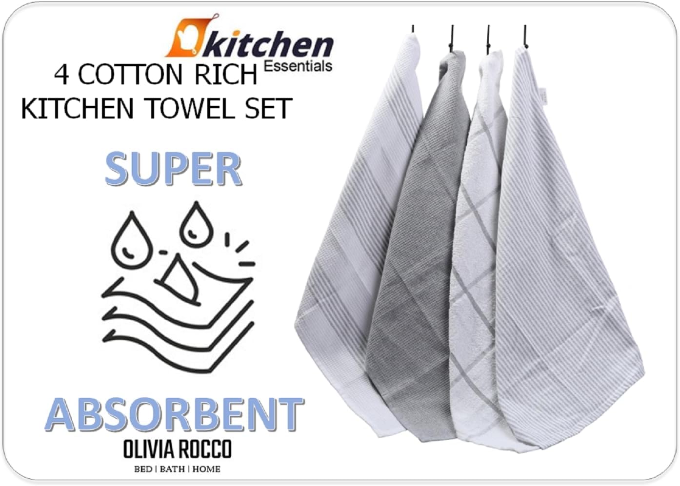 OLIVIA ROCCO Pack Of 4 Green Cotton Tea Towels 65x45 Cm High Absorbency Durable For Drying Dishes And Cleaning Spills For Everyday Kitchen