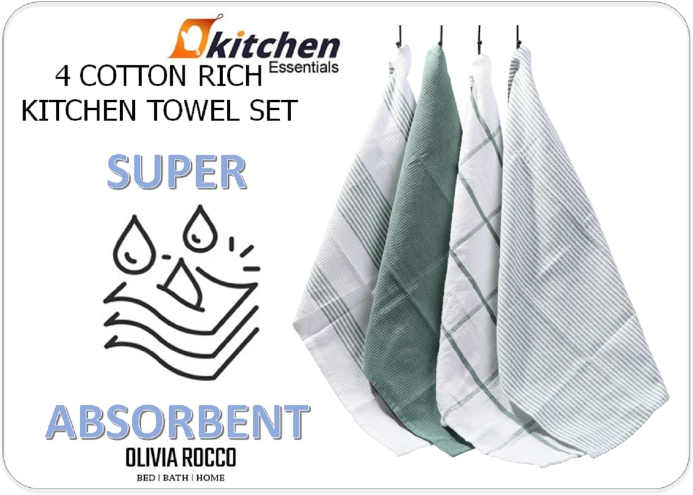 OLIVIA ROCCO Pack Of 4 Green Cotton Tea Towels 65x45 Cm High Absorbency Durable For Drying Dishes And Cleaning Spills For Everyday Kitchen