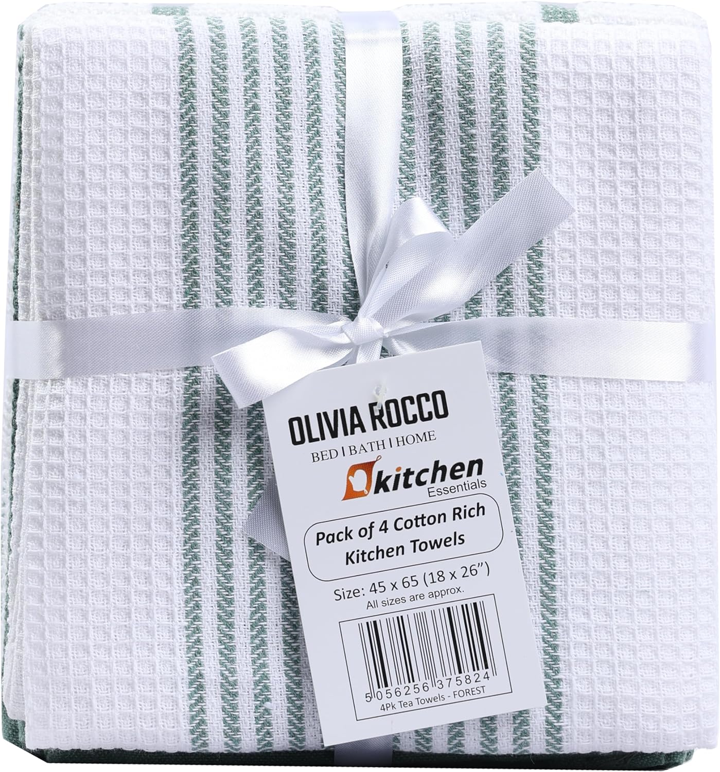 OLIVIA ROCCO Pack Of 4 Green Cotton Tea Towels 65x45 Cm High Absorbency Durable For Drying Dishes And Cleaning Spills For Everyday Kitchen