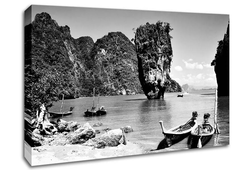 Paradise Island Boats B n W Canvas Wall Art - Zestio