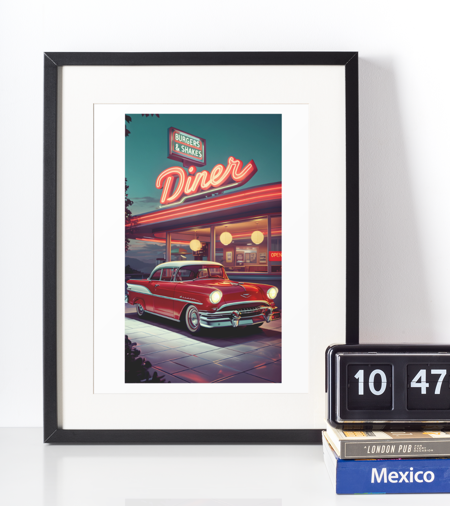 Vintage Red Car and Retro Diner Poster - Classic Americana Wall Art on Semi-Glossy Paper