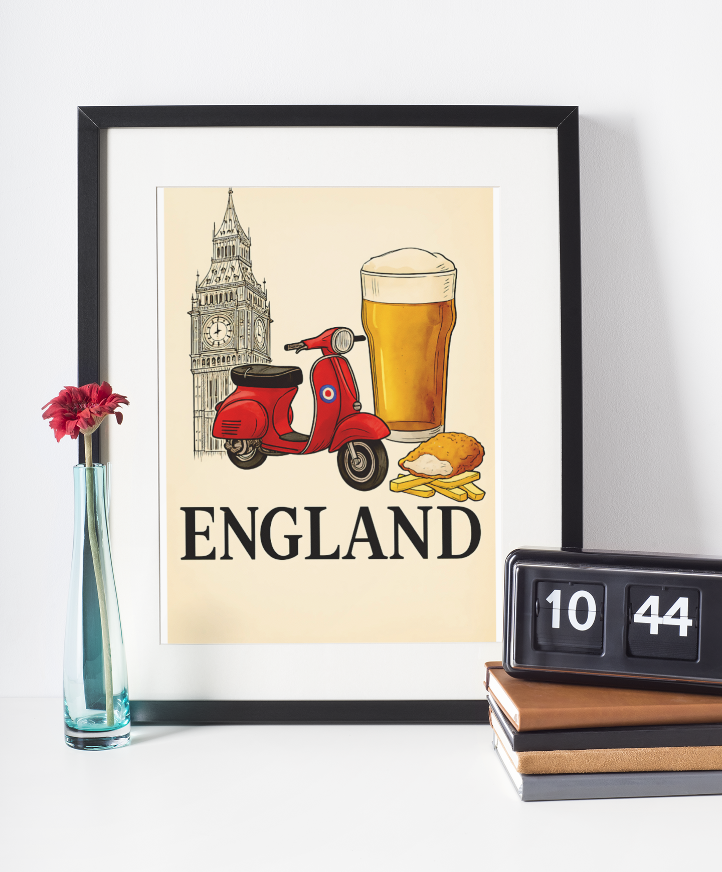 Classic England Poster - Vespa, Big Ben & Beer - British Retro Decor