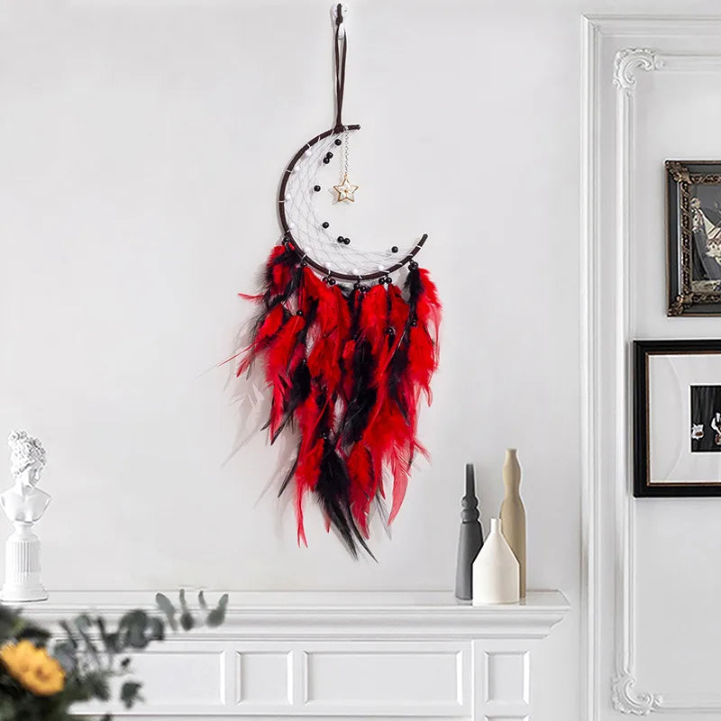 Moon Style Dreamcatcher Red and Black Series Tourist Scenic Spot Ornaments Feather Hanging Home Decoration Friend Gift Wholesale