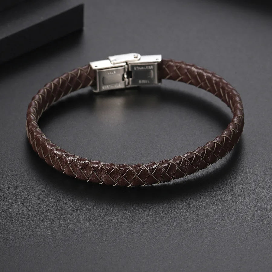 Classic Style Commute Color Block 304 Stainless Steel Pu Leather Polishing Men's Bangle